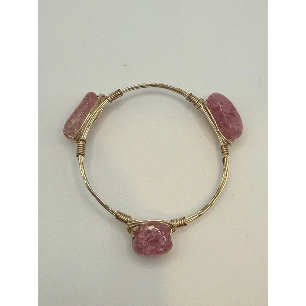 Wire Wrapped Bangle Bracelet Pink Stone or Glass Gold Tone 7